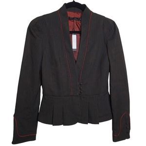 Development Pinstripe Brown Fitted‎ Blazer Ruffle Red Piping Sz 2 NWT Women's